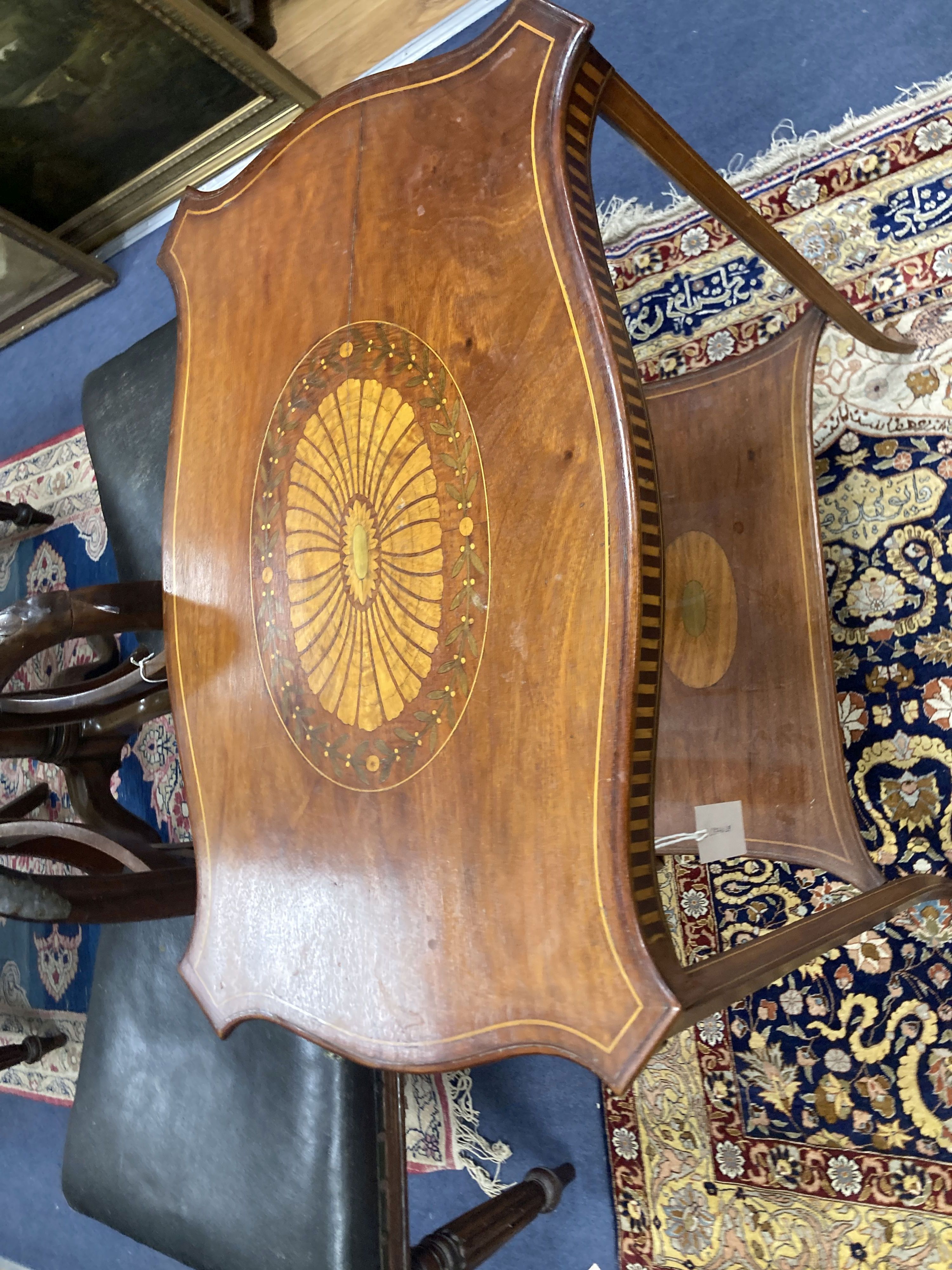 An Edwardian satinwood inlaid mahogany two tier occasional table, in Sheraton style, width 64cm, depth 40cm, height 74cm